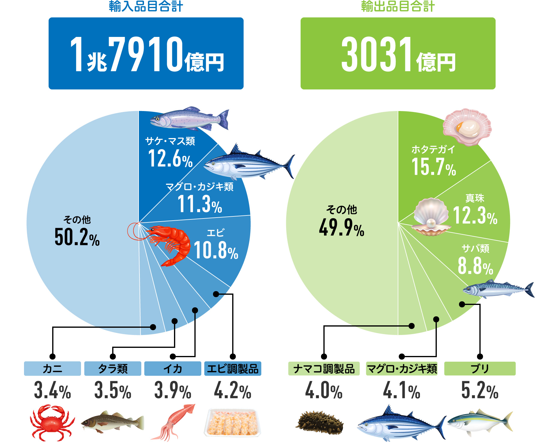 どんな水産物を日本は輸出・輸入している？の図。輸入品目合計：1兆7910億円 輸出品目合計：3031億円