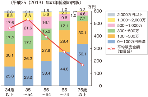 図3-2-6 沿岸漁船漁業を営む個人経営体の販売金額と基幹的漁業従事者の年齢及び年齢別の平均販売金額