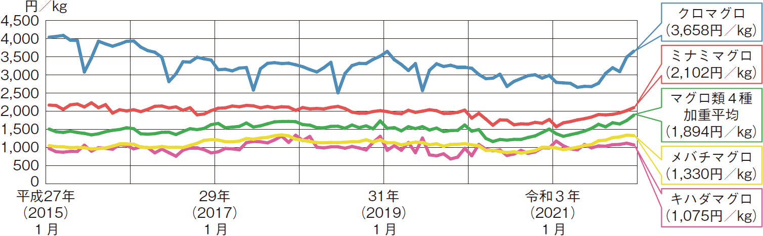 （3）冷凍マグロ4種の消費地市場（東京都）価格の推移