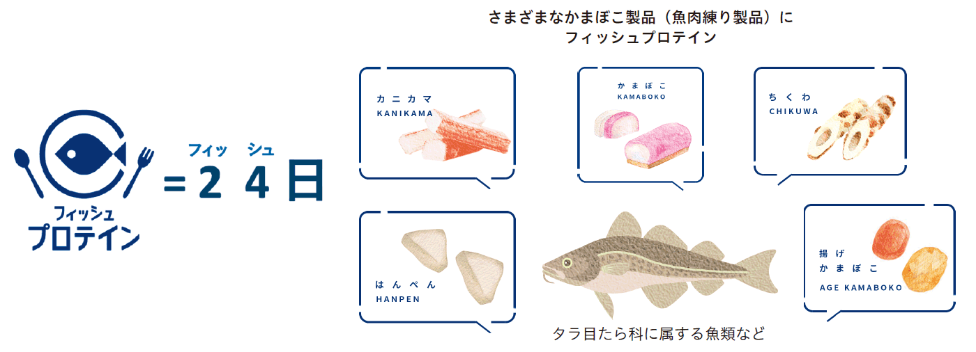 フィッシュプロテインマークとその由来（左）と含まれるかまぼこ製品（右）（提供：（一社）日本かまぼこ協会）