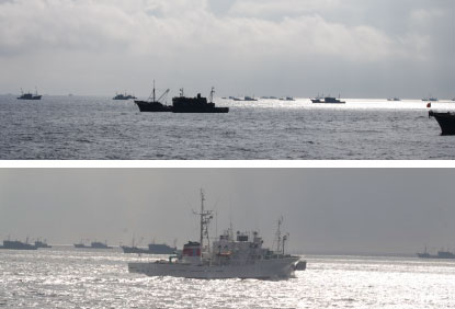 上:大和堆周辺水域の中国漁船群 下:我が国EEZから中国漁船群を退去させる水産庁漁業取締船