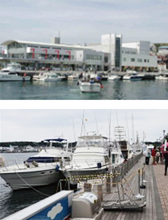 神奈川県三浦市三崎（みさき）漁港（上：産直センターうらり、下：みうら・みさき「海の駅」）