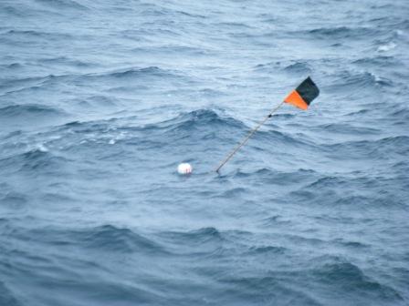 海上に浮かぶ、旗が付いた白い浮き