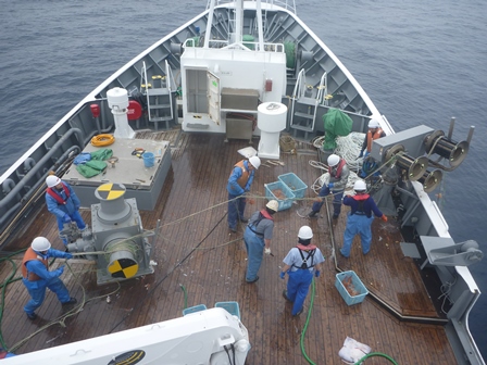 甲板上で漁具を引き上げる漁業取締船乗組員